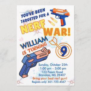 Invitación Chicos Naranja Azul Fiesta BD - Guerra Nerf 9 Cump