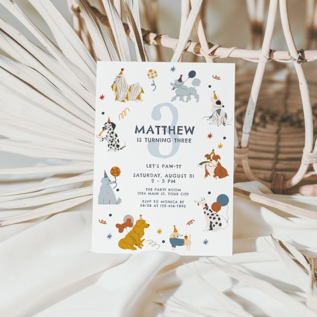 Invitación Chicos, perros adorables, vamos a jugar el tercer  (Boys Cute Dog 3rd Birthday Invite)