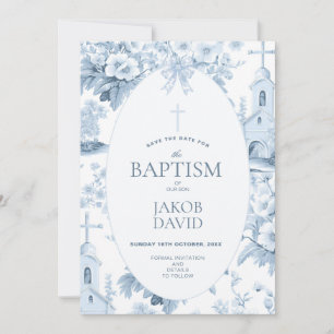 Invitación Chicos salvan la fecha, bautismo floral Blue Toile