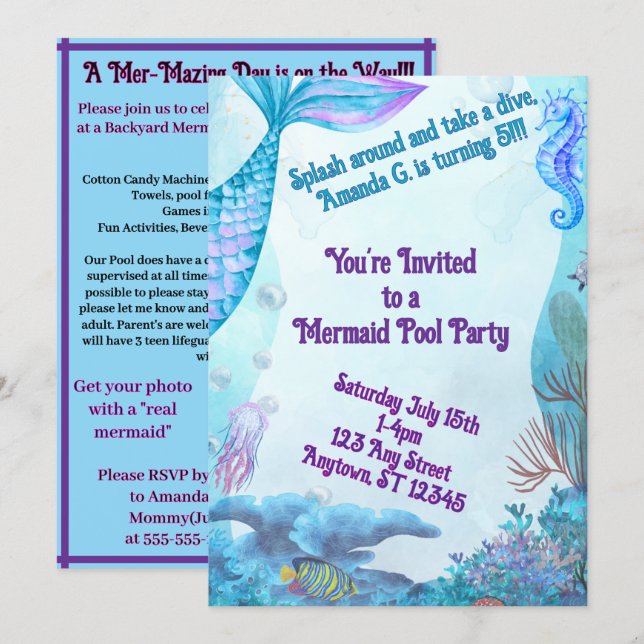 Invitación Child's Mermaid Birthday Double Sided Invitation (Anverso / Reverso)