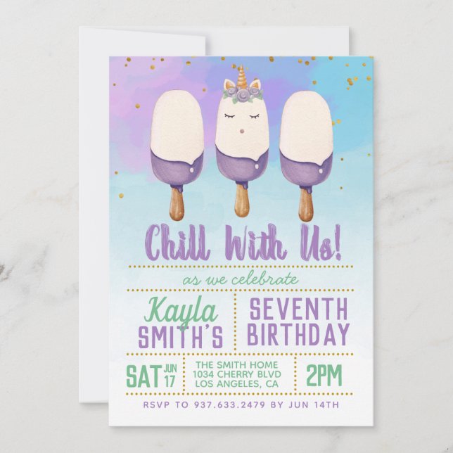Invitación Chill Con Nosotros, Unicorn Popsicle Cumpleaños (Anverso)