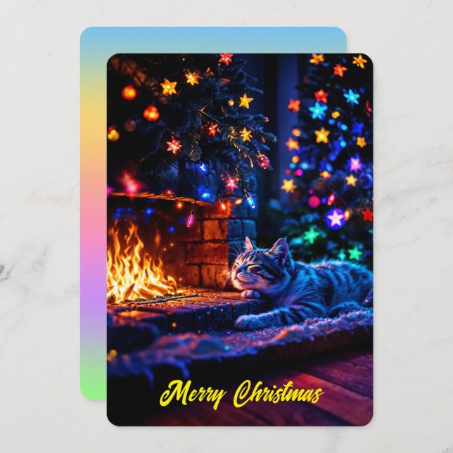 Invitación Chimenea acogedora gato lindo Feliz Navidad (Anverso / Reverso)