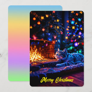 Invitación Chimenea acogedora gato lindo Feliz Navidad