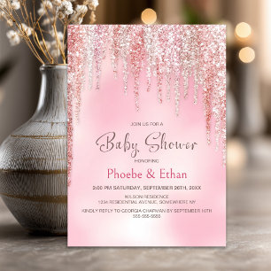 Invitación Chimenea de bebé con brillo rosa