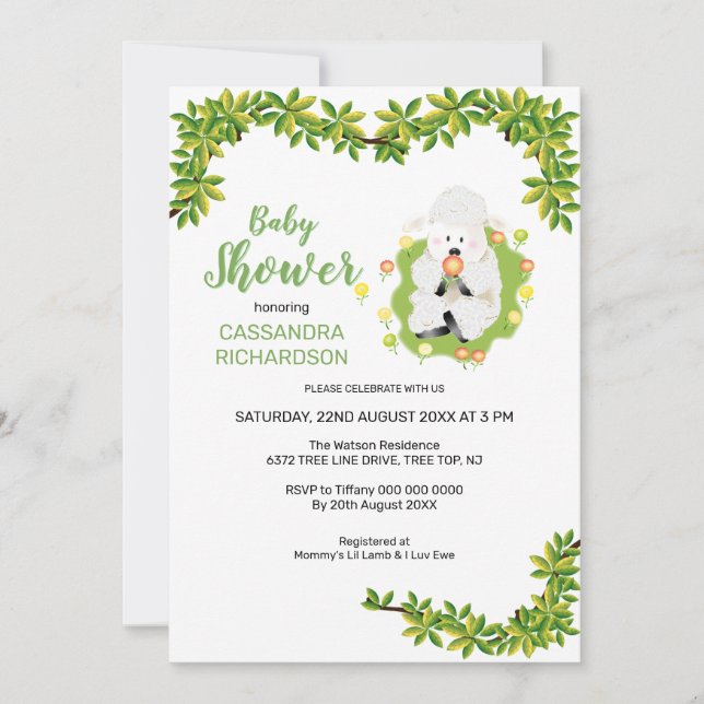 Invitación Chimenea de bebé de cordero verde neutral (Anverso)