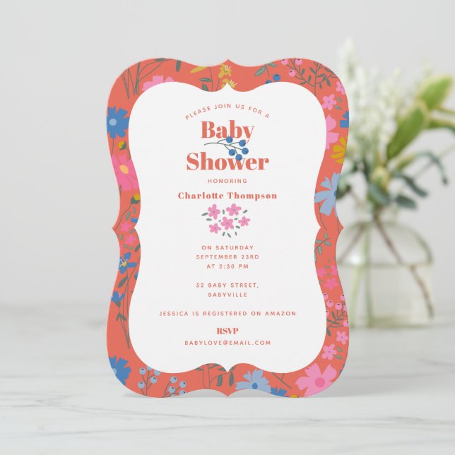Invitación Chimenea de bebé de flores silvestres rojas modern (Anverso de pie)