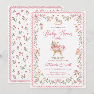 Invitación Chimenea de Bebé Floral Folk Vintage