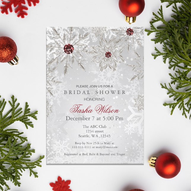 Invitación Chimenea de invierno de cristal rojo plateado duch (Silver Red Crystal Snowflakes Winter Bridal Shower Invitation)