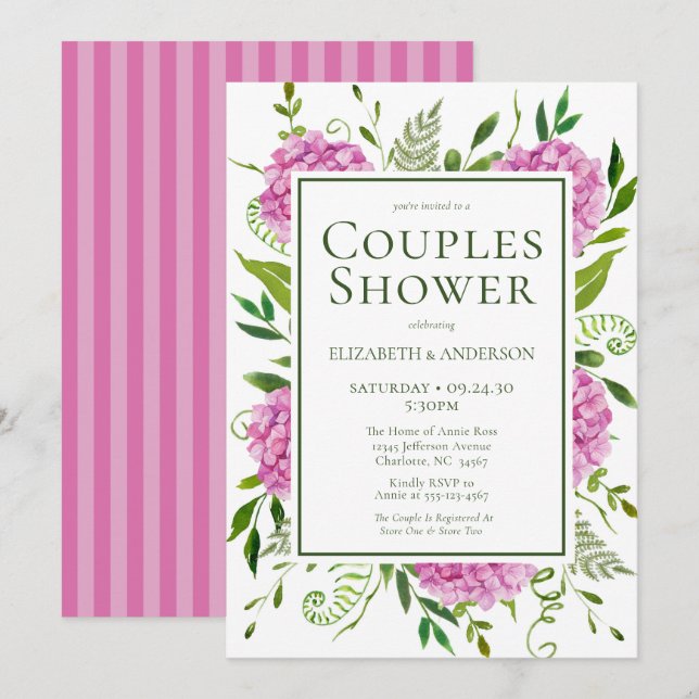 Invitación Chimenea de novios de hortensias rosadas (Anverso / Reverso)