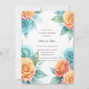 Invitación Chimenea de parejas de rosas naranjas y azul turqu