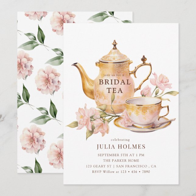 Invitación Chimenea de té nupcial botánico acuarela (Anverso / Reverso)