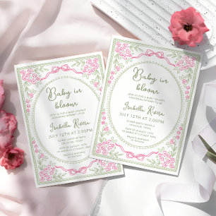 Invitación Chimenea Floral Baby Shower Rosa y Verde