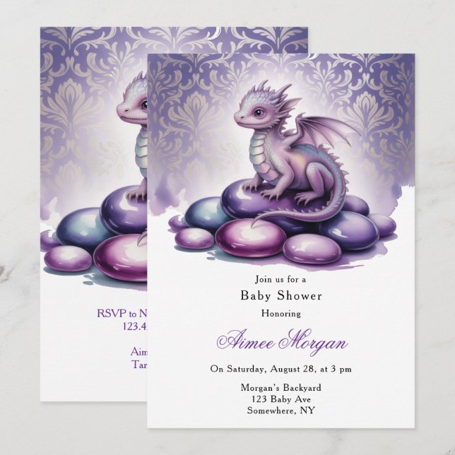 Invitación Chimenea Mágica Morada para Baby Shower (Anverso / Reverso)