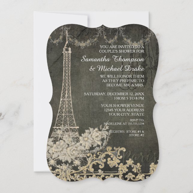 Invitación Chimenea Vintage París Pareja Parisina Lluvia de R (Reverso)