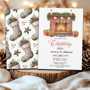 Invitación Chimenea y calcetines de Navidad Fiesta de Navidad