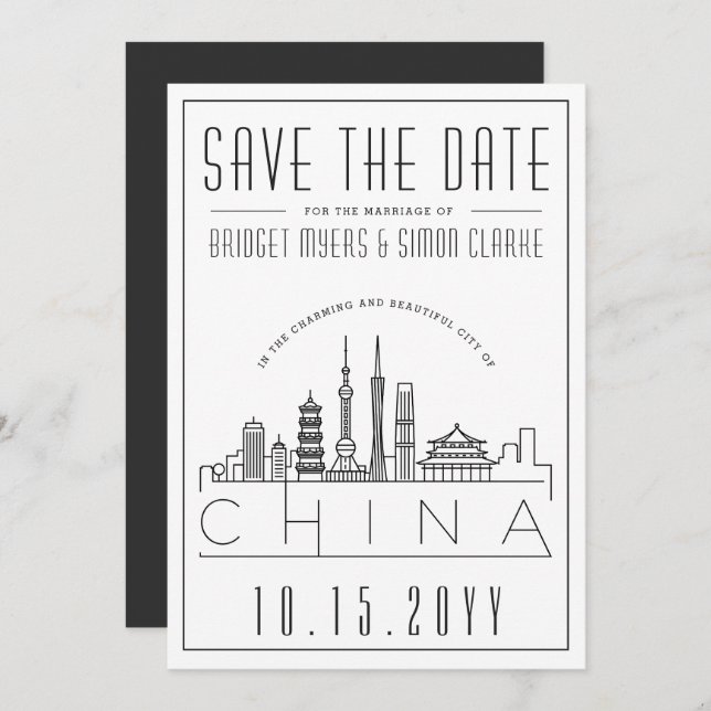 Invitación China Boda Silueta Estilizada del Horizonte Tarjet (Anverso / Reverso)