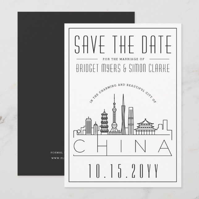 Invitación China Boda Silueta Estilizada Salvar la Fecha (Anverso / Reverso)