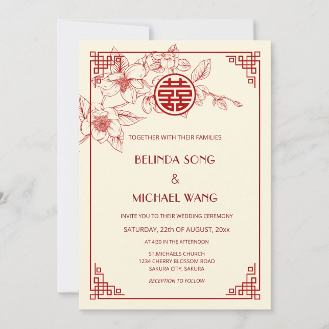 Invitación Chinese Bilingual | Magnolia Cream Chinese Wedding (Anverso)