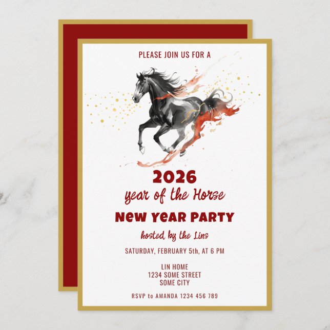 Invitación Chinese New Year 2026 Horse Ink New Year Party (Anverso / Reverso)