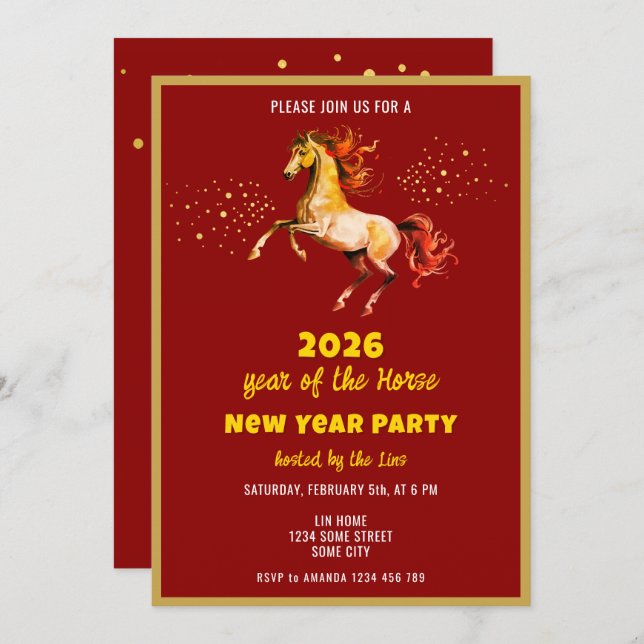 Invitación Chinese New Year 2026 Horse Ink New Year Party (Anverso / Reverso)