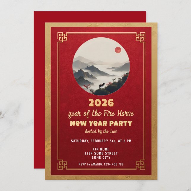 Invitación Chinese New Year 2026 Horse New Year Party (Anverso / Reverso)