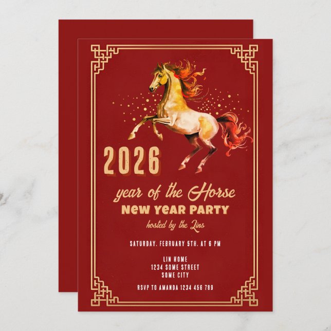 Invitación Chinese New Year 2026 Horse New Year Party (Anverso / Reverso)