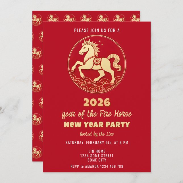 Invitación Chinese New Year 2026 Horse New Year Party (Anverso / Reverso)