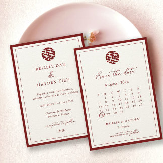 Invitación Chino Chino Moderno Champán Rojo Salva La Fecha