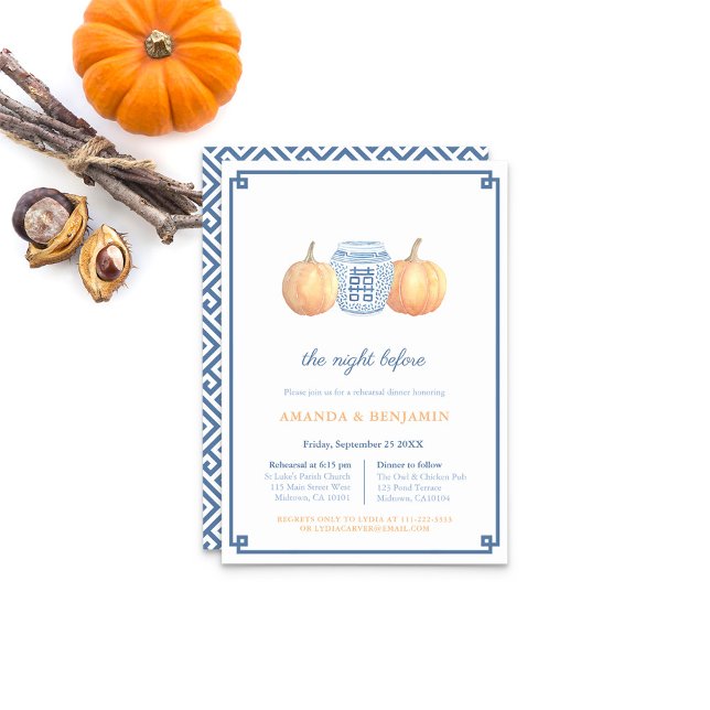 Invitación Chino-serie Blue y Naranja Calabaza ensayar cena (Navy Blue With Orange Pumpkins Preppy Wedding Rehearsal And Dinner Invitation)