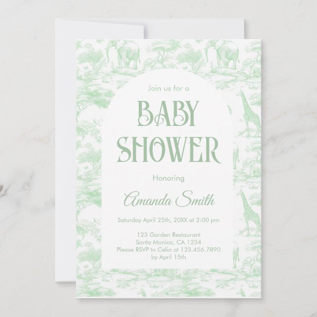 Invitación Chino verde Toile de Jouy ducha de bebé (Anverso)