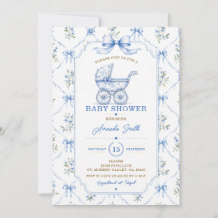 Invitación Chinoisería azul de bebé en carruaje floral para b