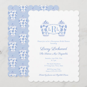 Invitación Chinoisería Azul y Blanco con Monograma para Brida