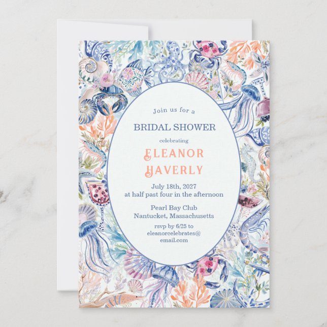 Invitación Chinoisería Costera de Lujo Bridal Shower de Conch (Anverso)
