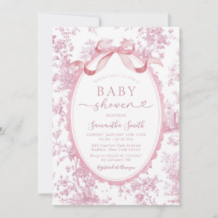 Invitación Chinoisería Rosa Floral Lazo Toile Niña Baby Showe