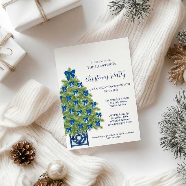 Invitación Chinoiserie Árbol de Navidad azul y blanco (Chinoiserie Christmas Tree Invitation)