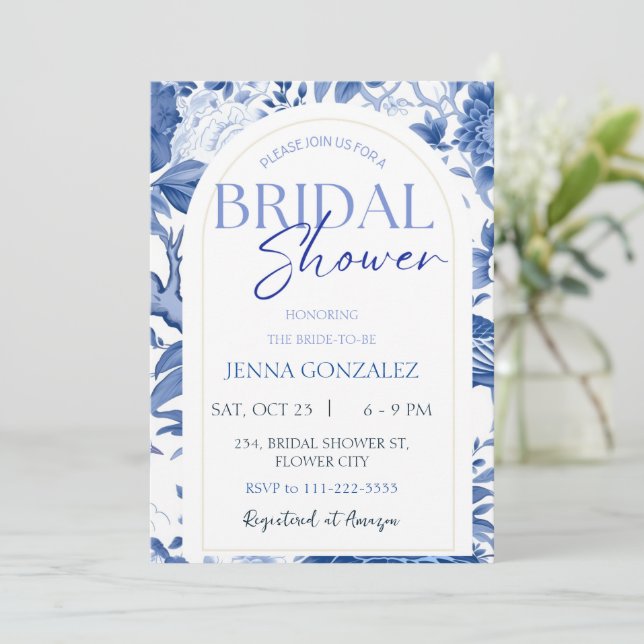 Invitación Chinoiserie Asiática Algo Azul Ducha De Novias (Anverso de pie)