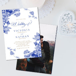 Invitación Chinoiserie azul blanco con Boda de foto floral