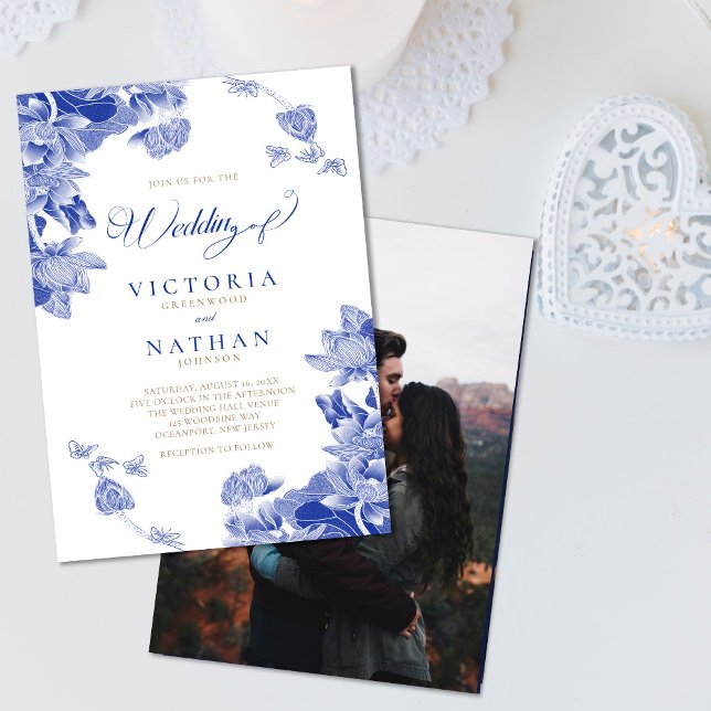 Invitación Chinoiserie azul blanco con Boda de foto floral (Subido por el creador)