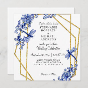 Invitación Chinoiserie azul blanco Dragonfly Flor acuarela