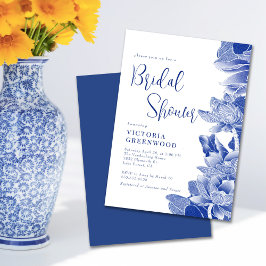 Invitación Chinoiserie azul blanco Lotus Floral Bridal Shower