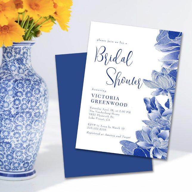 Invitación Chinoiserie azul blanco Lotus Floral Bridal Shower (Subido por el creador)