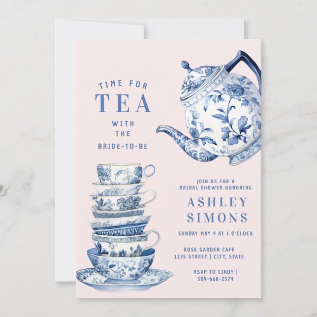 Invitación Chinoiserie azul Bridal Shower Tea Fiesta (Anverso)