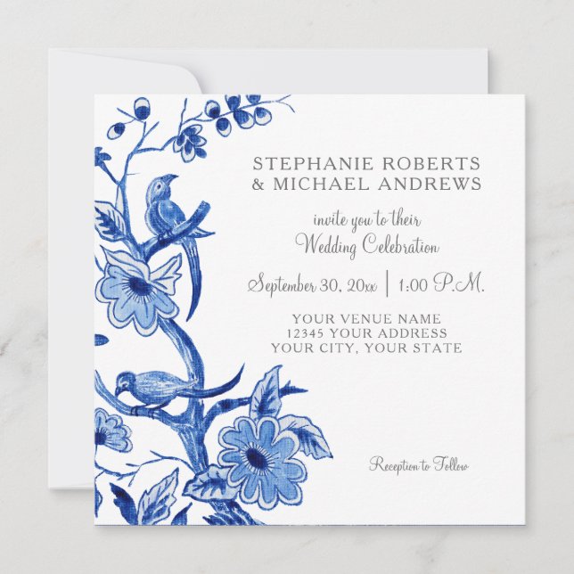 Invitación Chinoiserie azul China acuarela floral (Anverso)