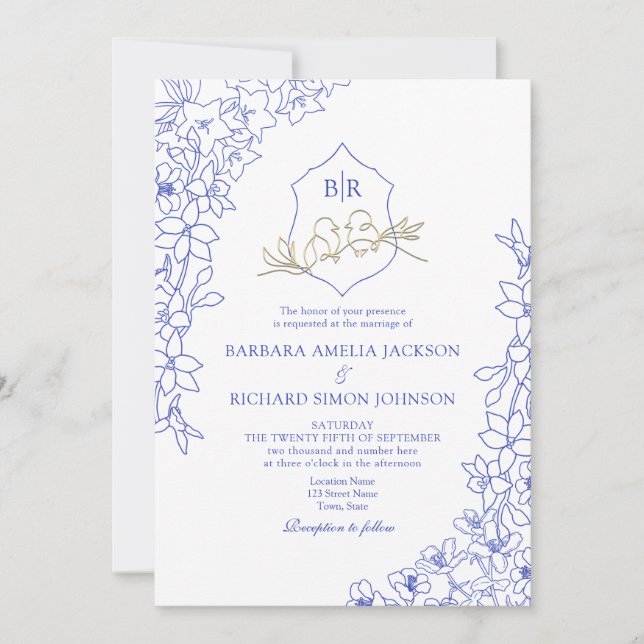 Invitación Chinoiserie Azul Cresta Floral Boda (Anverso)