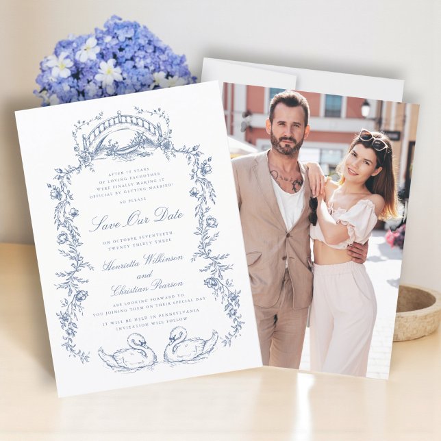 Invitación Chinoiserie azul foto guardar la fecha  (Subido por el creador)