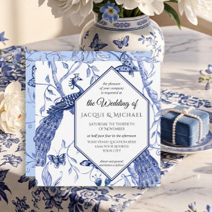 Invitación Chinoiserie Azul Marino Pavo Mariposa Hexágono