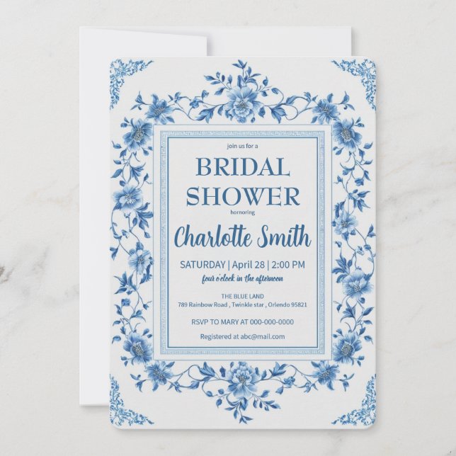 Invitación Chinoiserie azul simple Ducha de novia floral (Anverso)