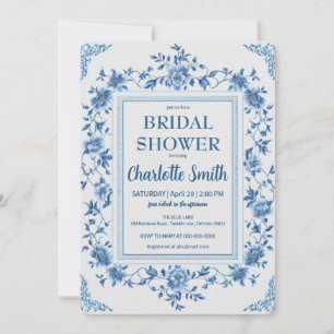 Invitación Chinoiserie azul simple Ducha de novia floral