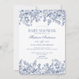Invitación Chinoiserie Azul Vintage Fiesta de Bebé Floral