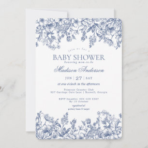 Invitación Chinoiserie Azul Vintage Fiesta de Bebé Floral